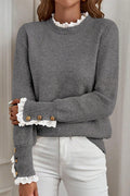 Sleet Lace Trim Patchwork Buttoned Cuffs Loose Sweater