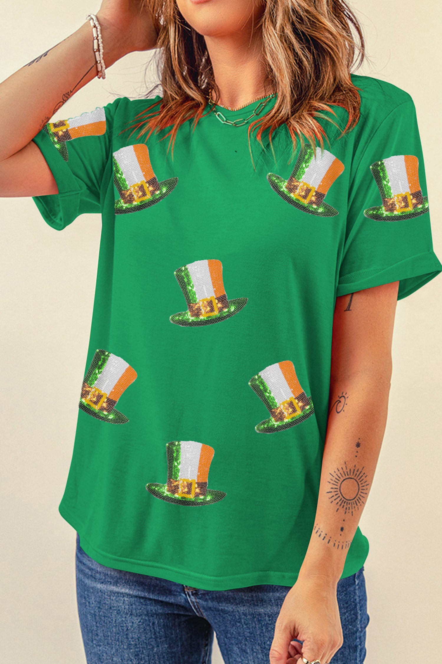 Bright Green Sequin St Patricks Day Hat Relaxed T Shirt