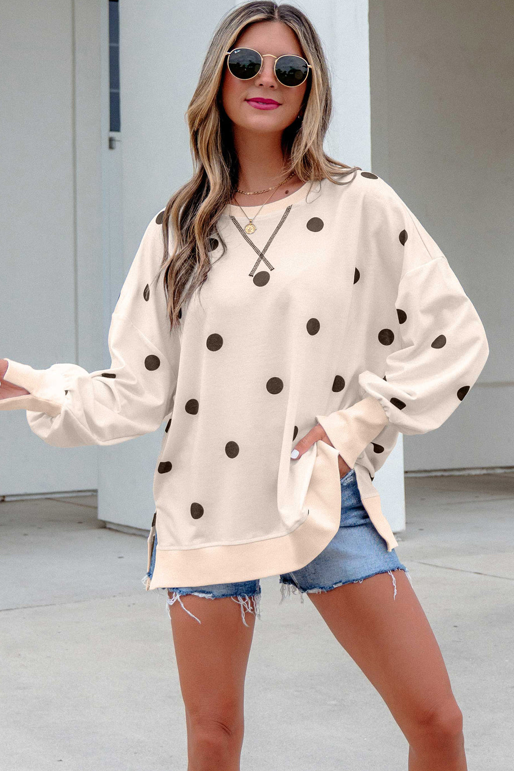 Beige Loose-fit Long Sleeve Round Neck Polka Dot Tunic Sweatshirt