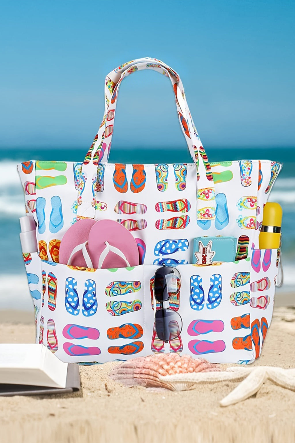 White Waterproof Slippers Pattern Beach Tote Bag