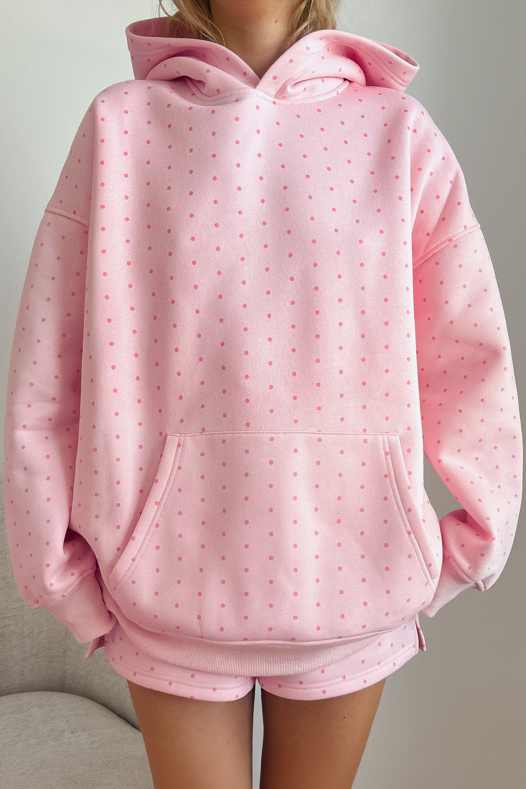 Pink Polka Dot Printed Oversized Hoodie Casual Shorts 2pcs Set