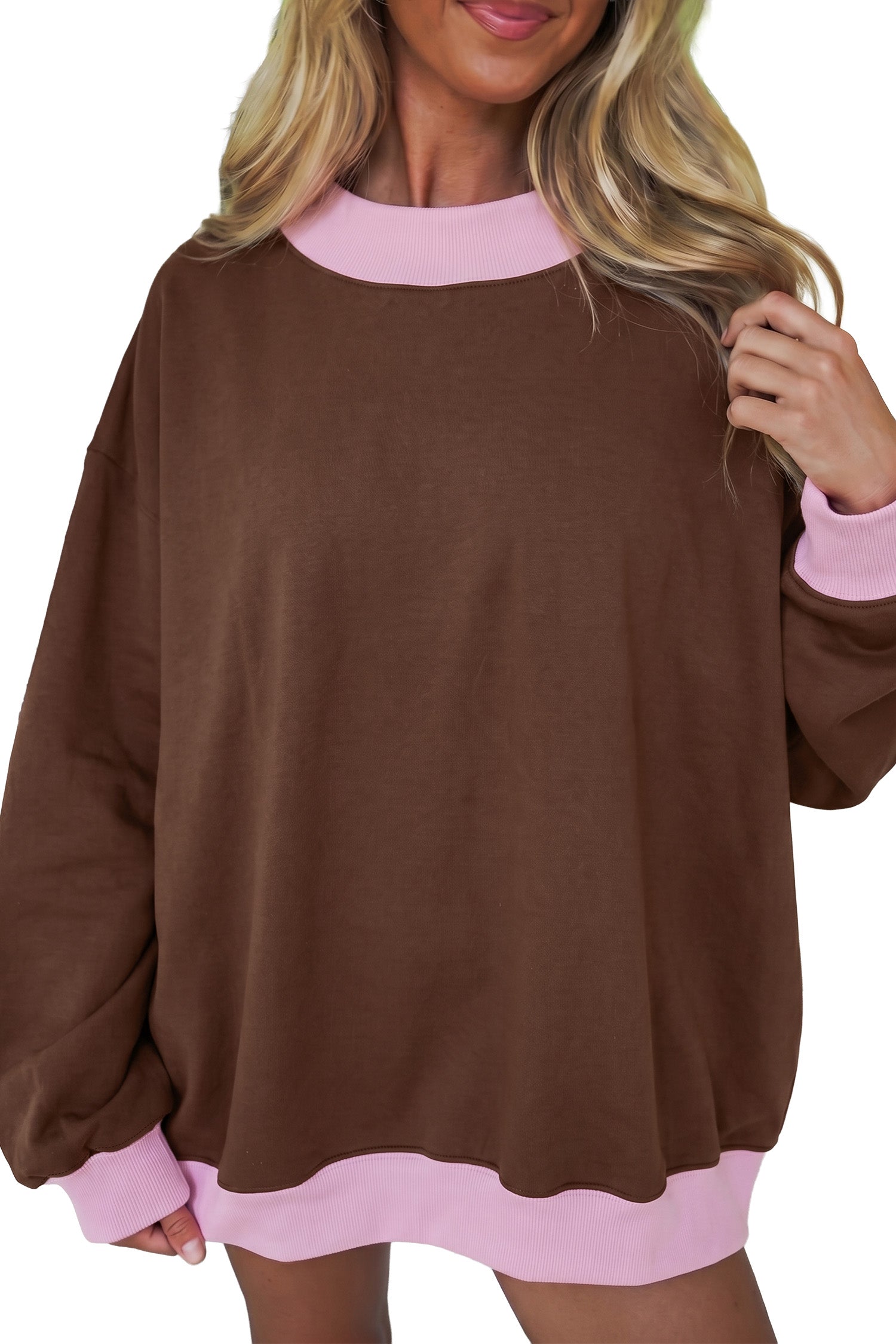 Pink Colorblock Trim Crewneck Long Sleeve Pullover Sweatshirt