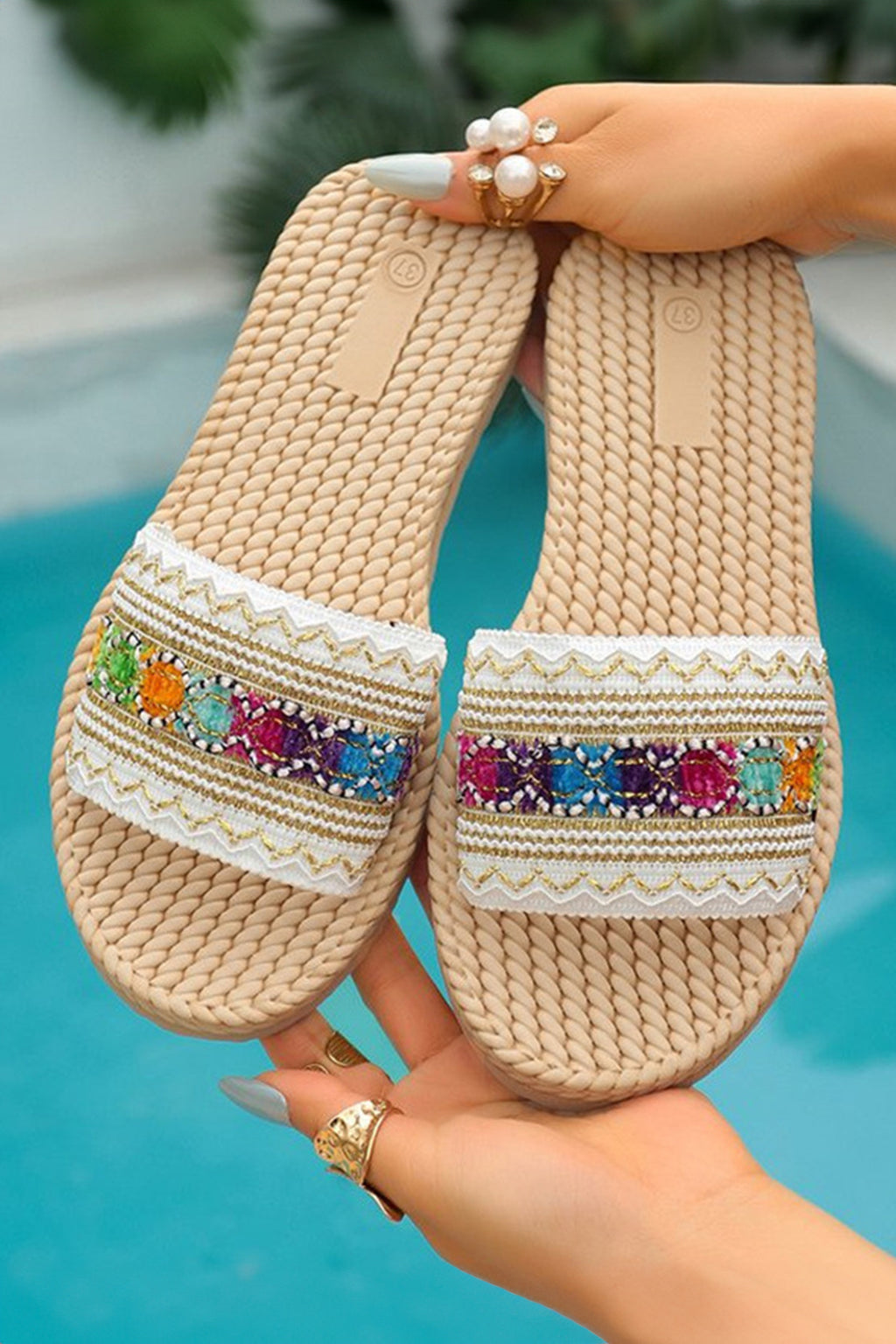 Parchment Bohemian Vacation Woven Colorful Detail Wide Band Slippers