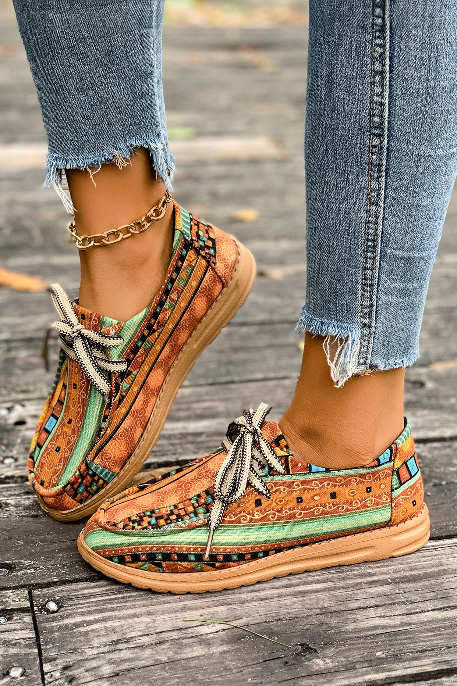 Mustard Ethnic Artistic Print Lace-up Detail Comfort Loafer Shoes