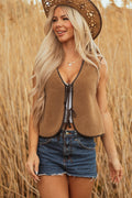 Light French Beige Contrast Trim Tie Front Sherpa Vest