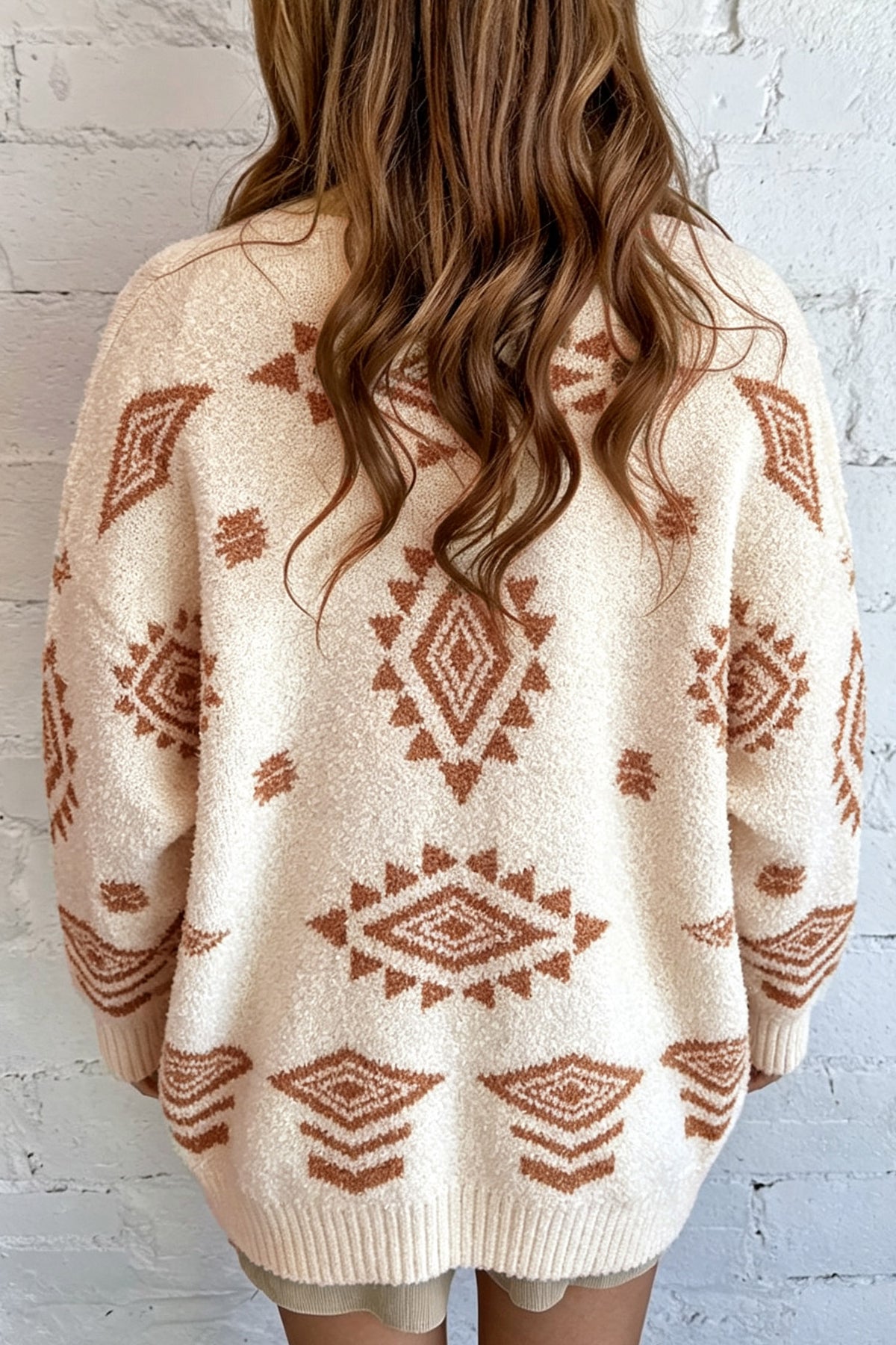 Oatmeal Fuzzy Aztec Print Open Knit Sweater Tunic Cardigan