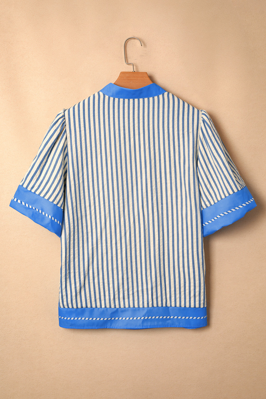 Sky Blue Stripe Color Block Detail V Neck Short Sleeve Blouse