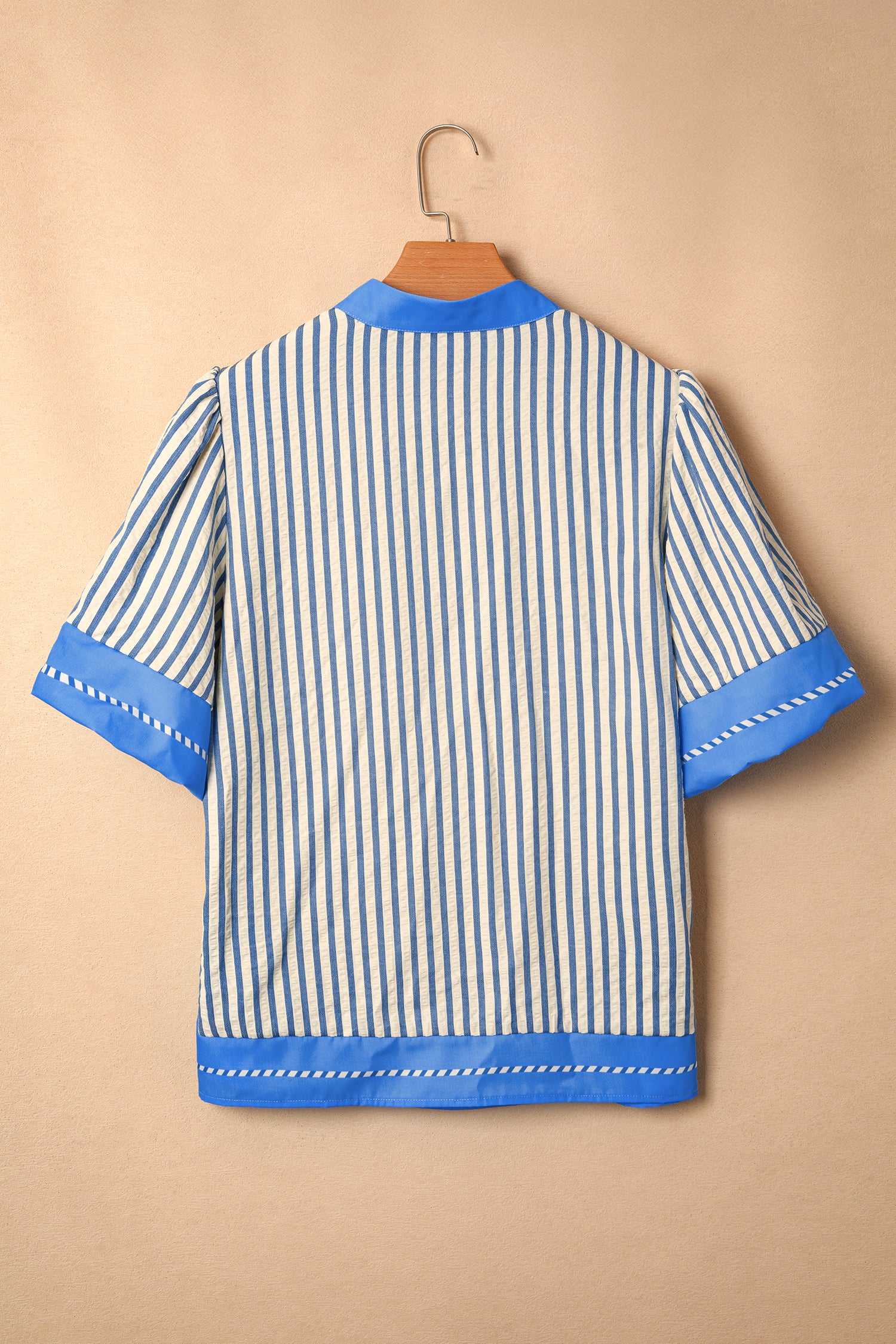 Sky Blue Stripe Color Block Detail V Neck Short Sleeve Blouse