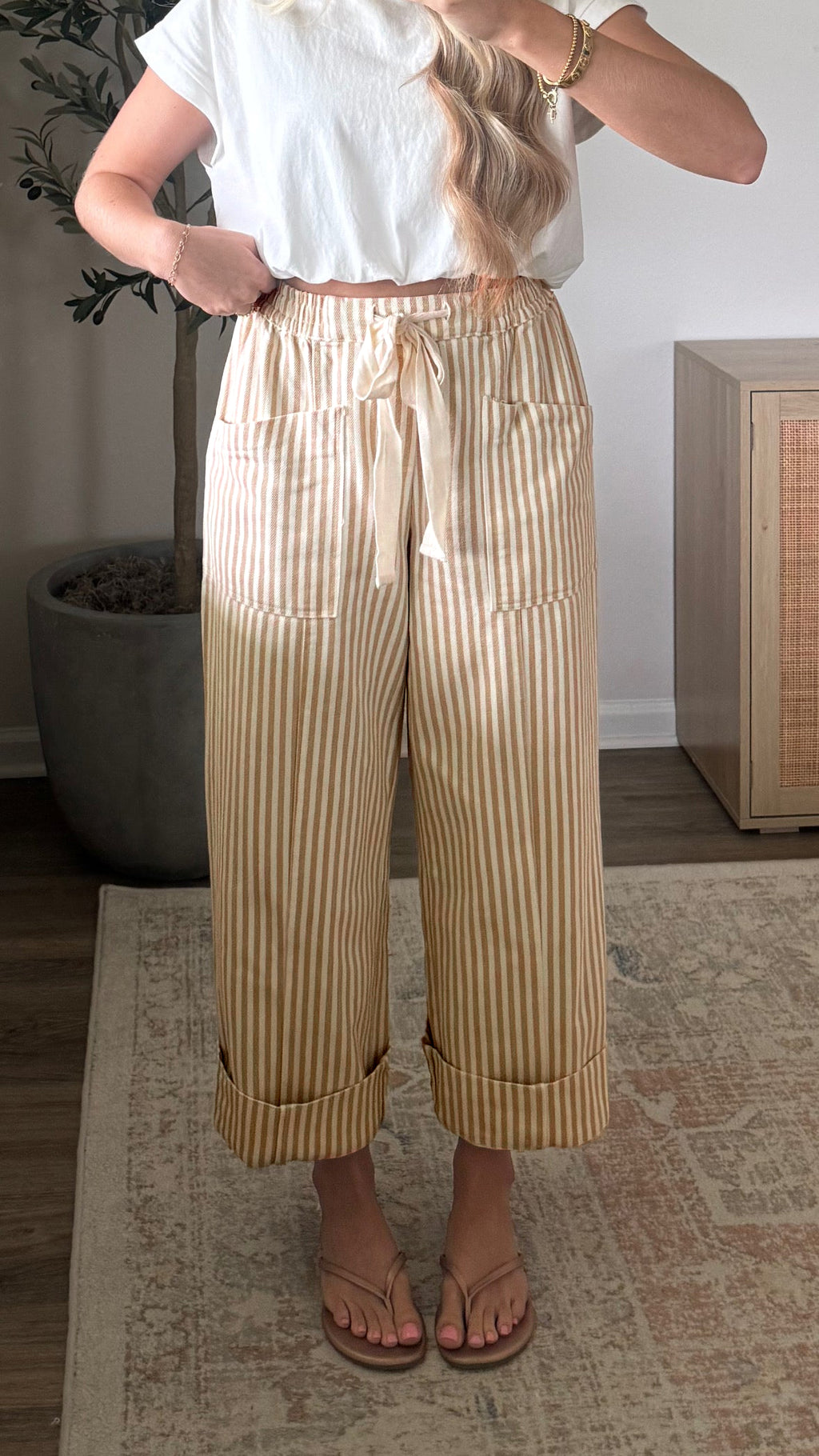 Apricot Stripe Ribbon Drawstring Waist Full-Length Shift Pant