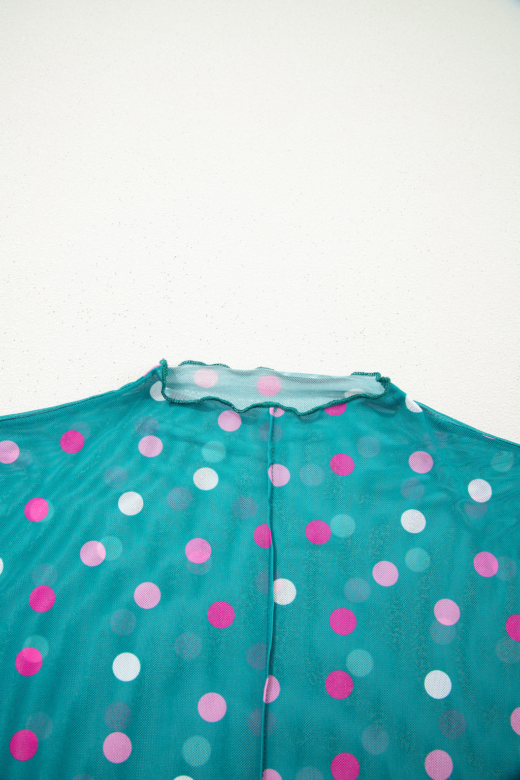 Green Polka Dot Patterned Bodycon Mock Neck Mesh Long Sleeve Top
