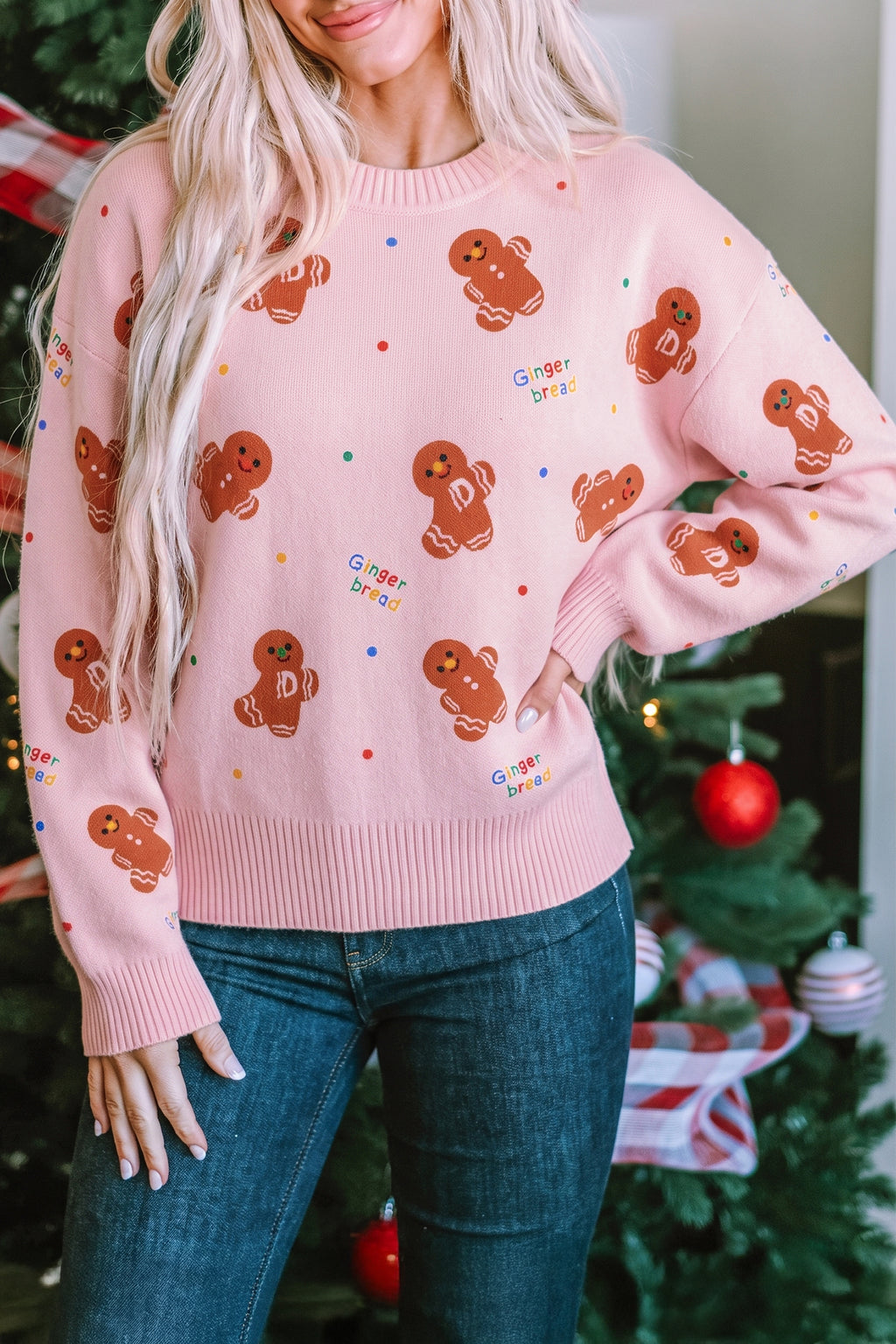 Pink Festive Gingerbread Pattern Long Sleeve Round Neck Sweater