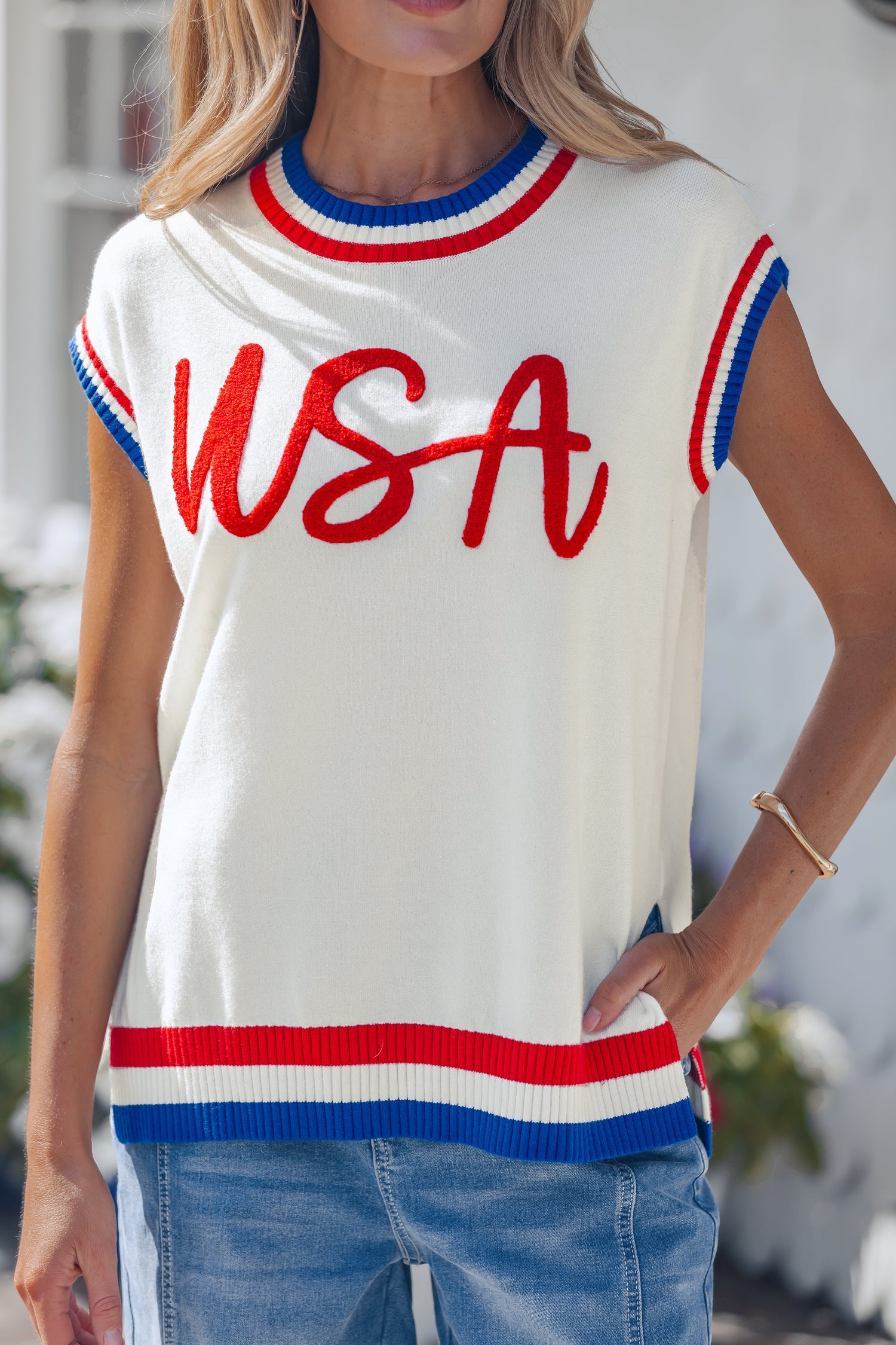 White USA Contrast Striped Trim Round Neck Short Sleeve Sweater