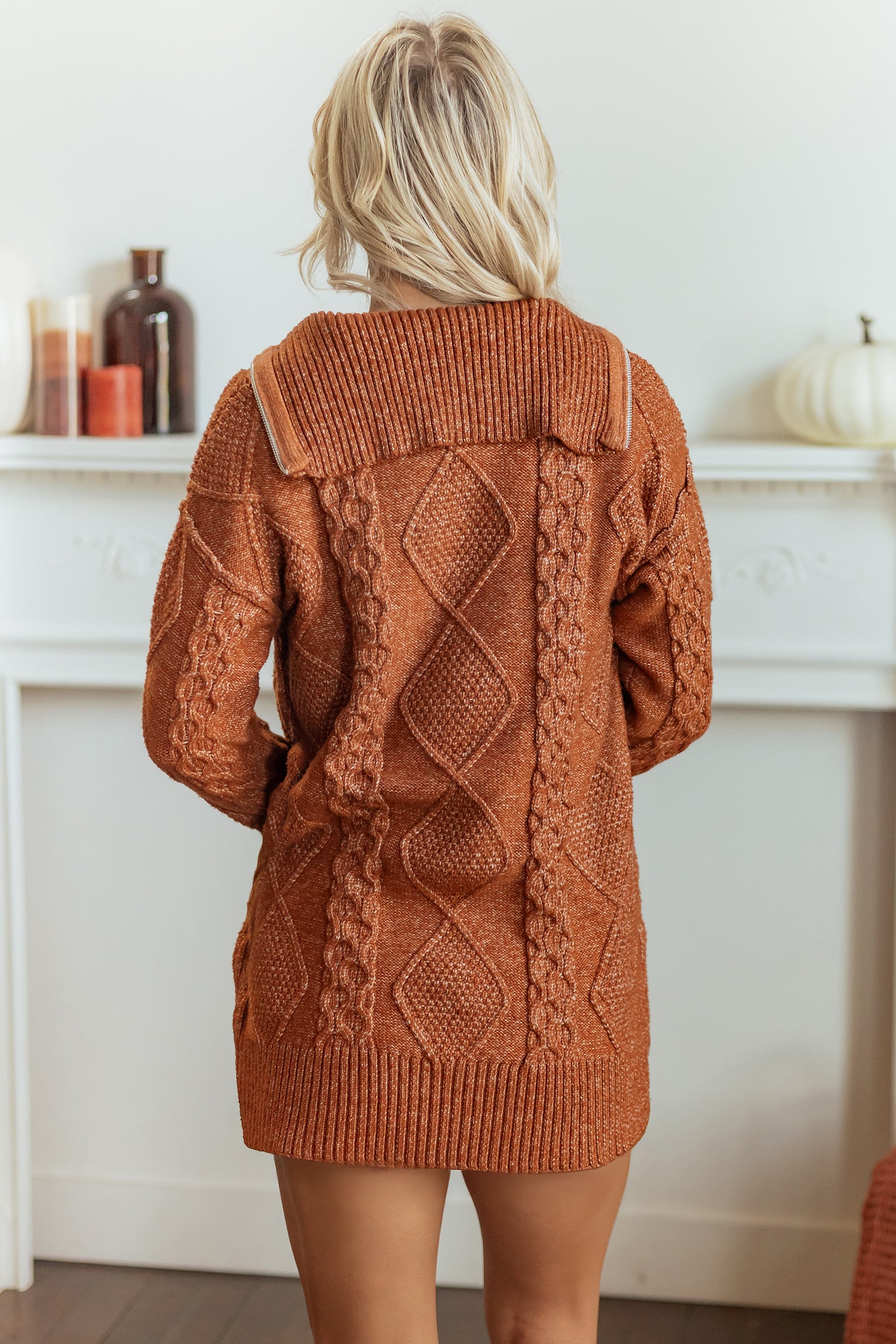 Clay Zip-Up Cable Knit Drop Shoulder Sweater Dress