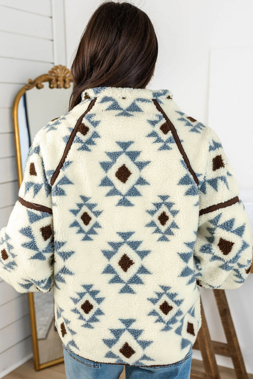 Beige Geometric Print Sherpa Western Style Long Sleeve Sweatshirt