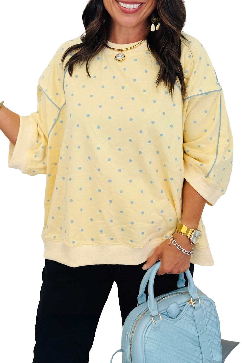 Yellow Polka Dot Print Piping Trim 3/4 Sleeve Relaxed Top