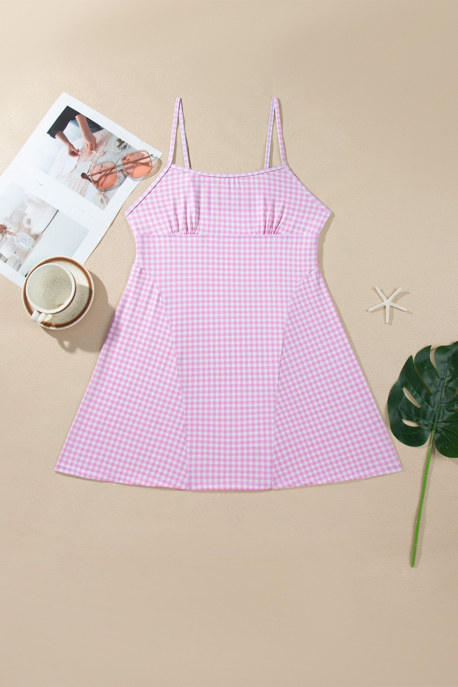 Sky Blue Gingham Plaid Double Layered Cami Mini Dress 3pcs Set
