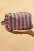 Fiery Red PVC Striped Cosmetic Bag Durable Zipper Handle Travel Organizer