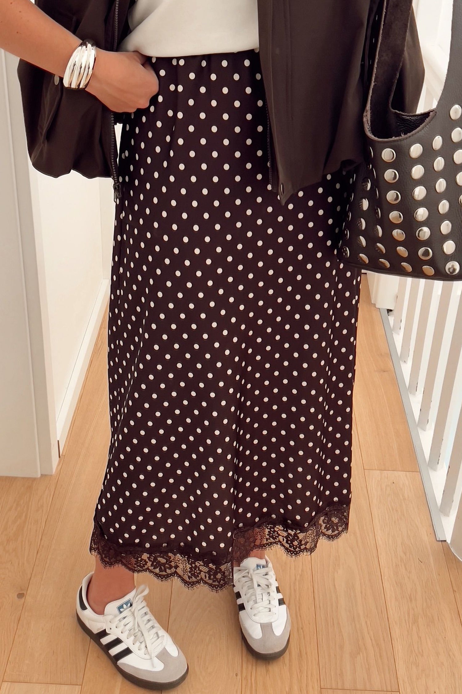 Brown Polka Dot Lace Hem Elegant Long Shift Skirt