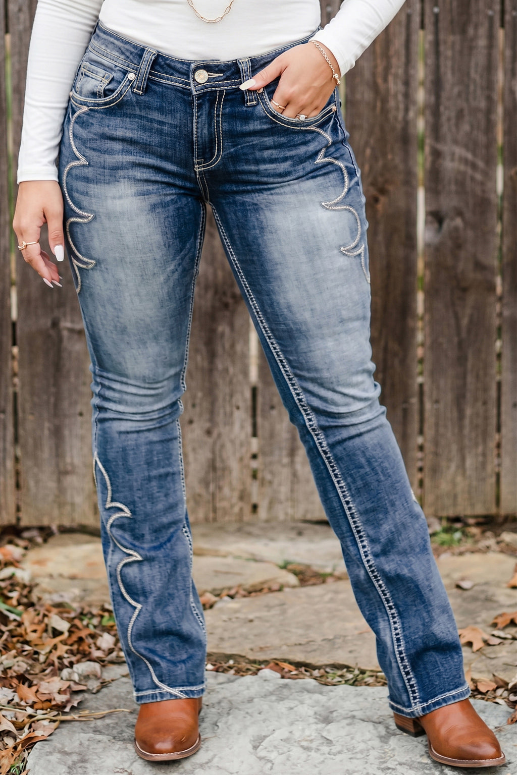 Blue Western Embroidered Flare Full Length Jeans