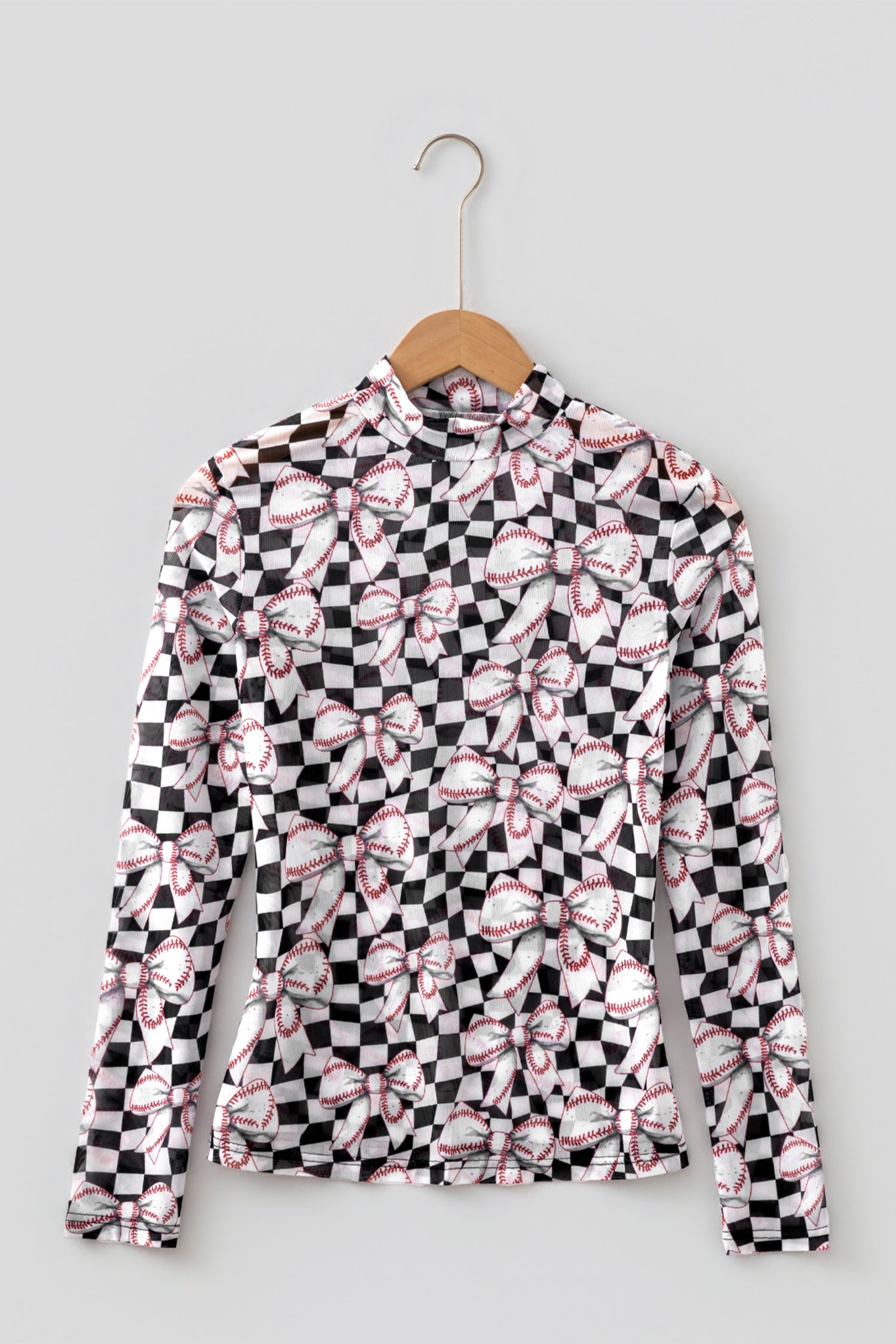 Black High Neck Plaid Baseball Bow Long Sleeve Pullover Tops