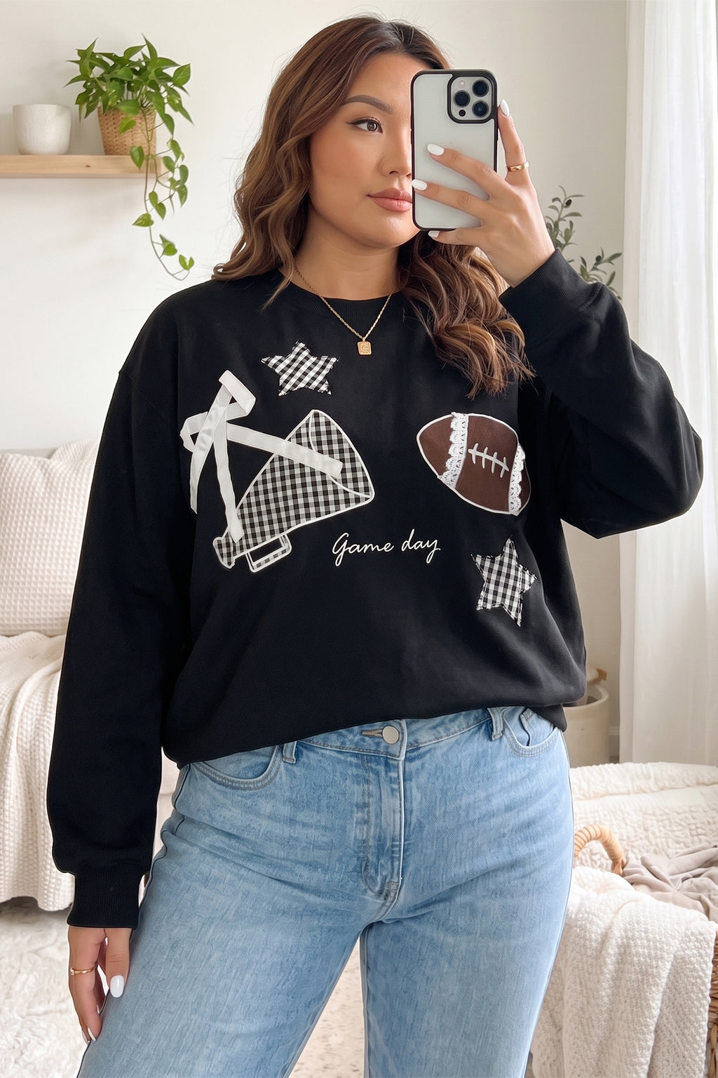 Black Rugby Game Day Patchwork Graphic Plus Size Sweatshirt