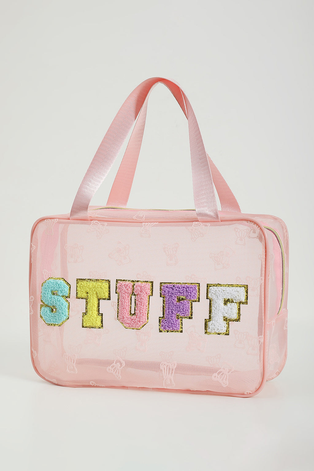 Color black STUFF Chenille Letter Patched Teddy Bear Mesh Lightweight Makeup Bag