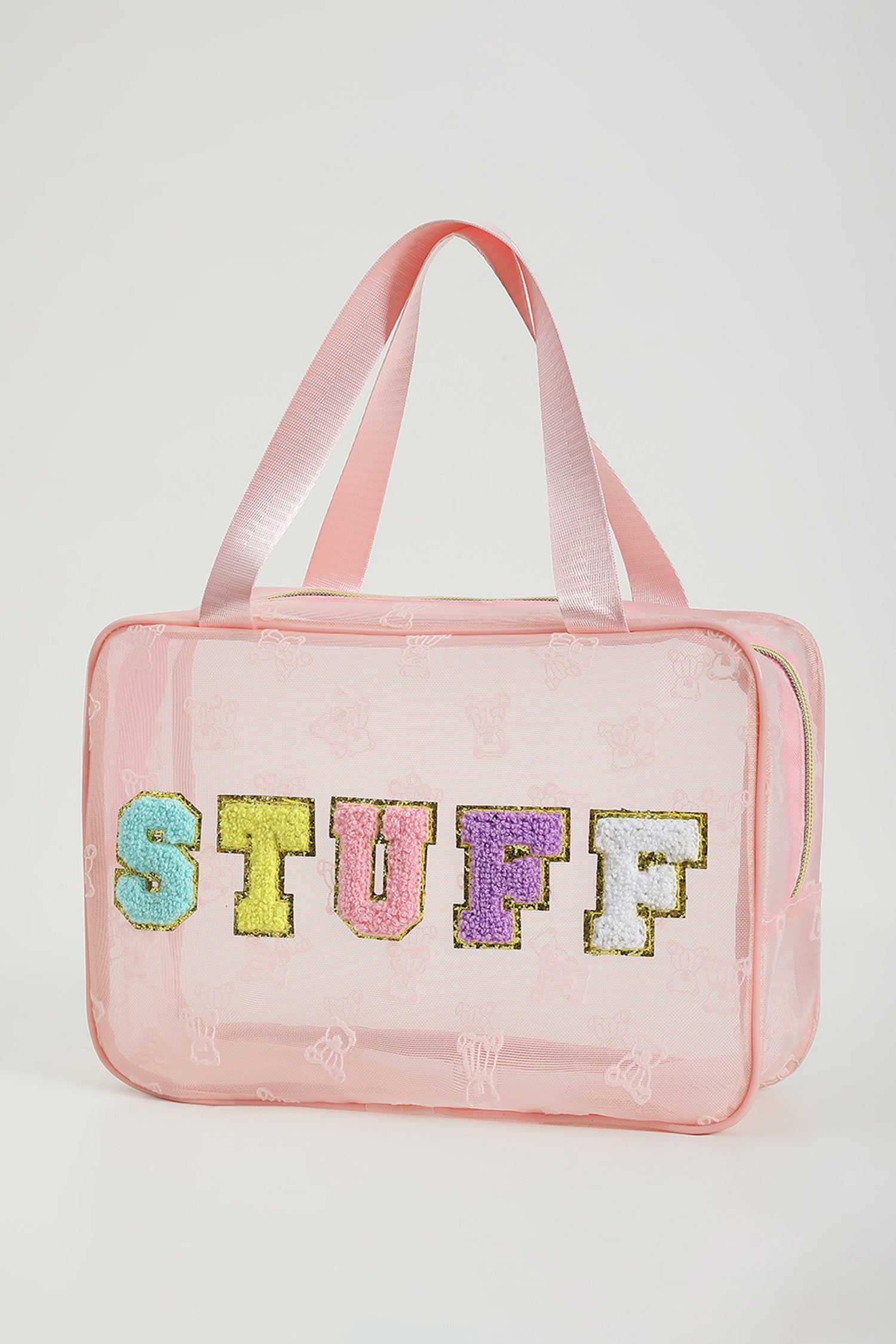 Color black STUFF Chenille Letter Patched Teddy Bear Mesh Lightweight Makeup Bag