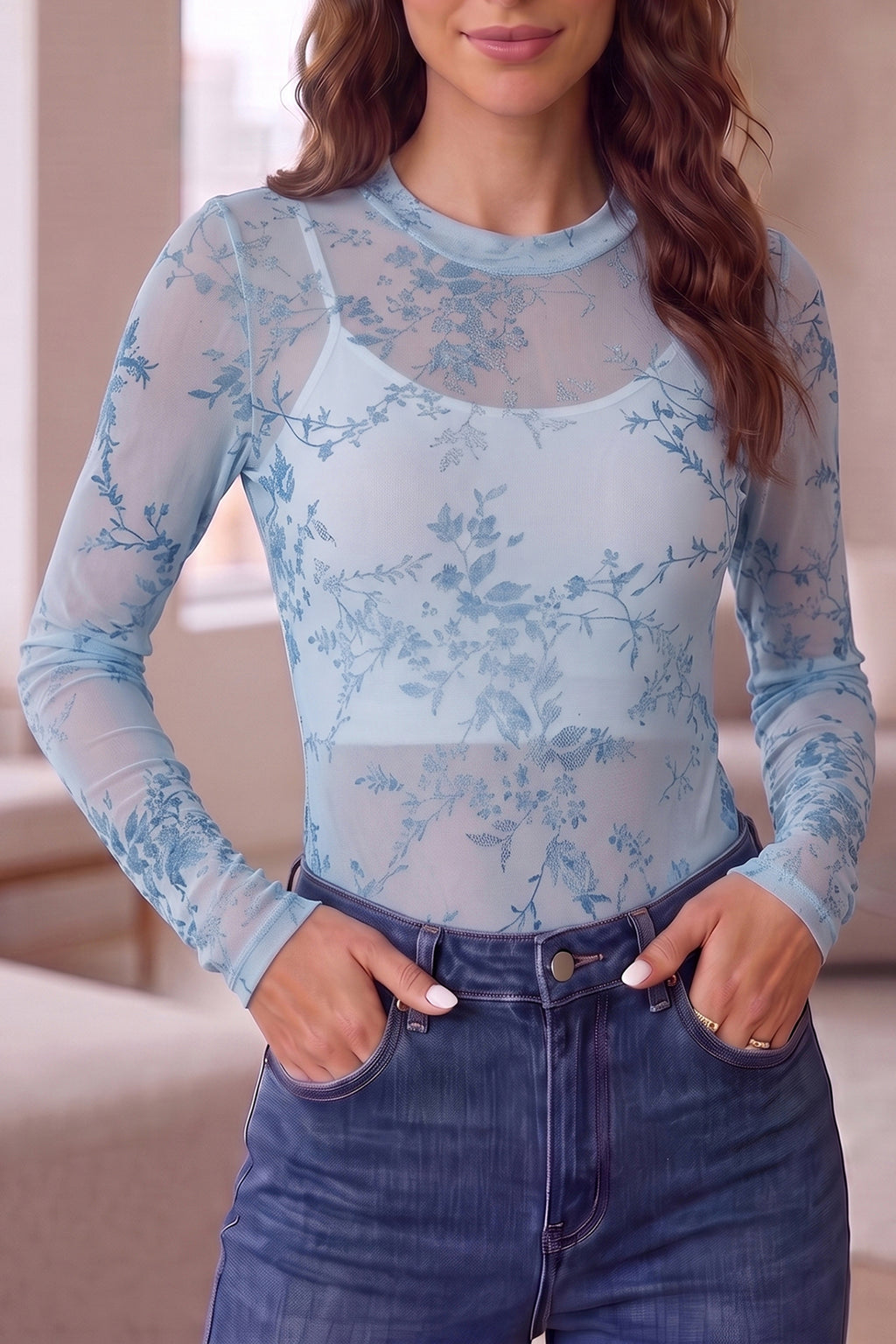 Sky Blue Sheer Mesh Floral Printed Mock Neck Long Sleeve Bodysuit