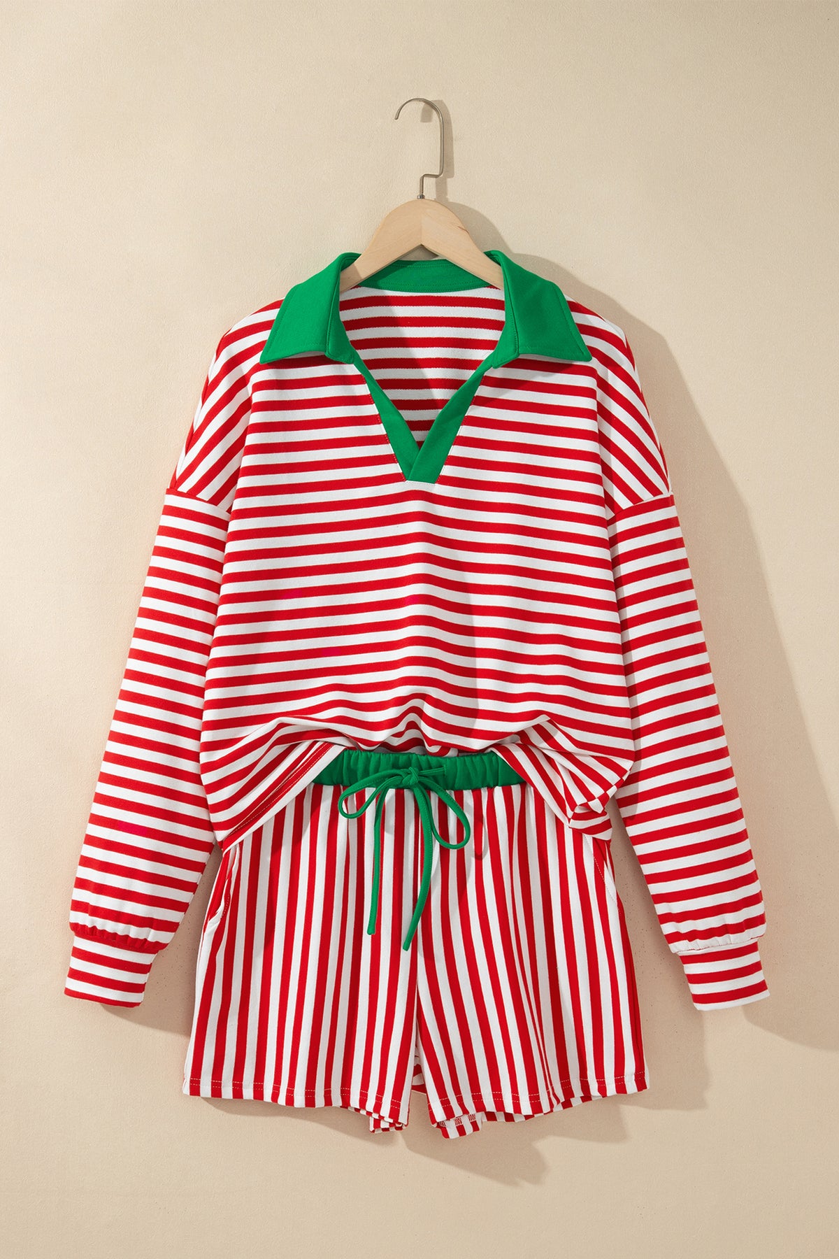 Red Stripe Colorblock Trim Polo Collar Drawstring Elastic Waist Band Casual 2pcs Outfit