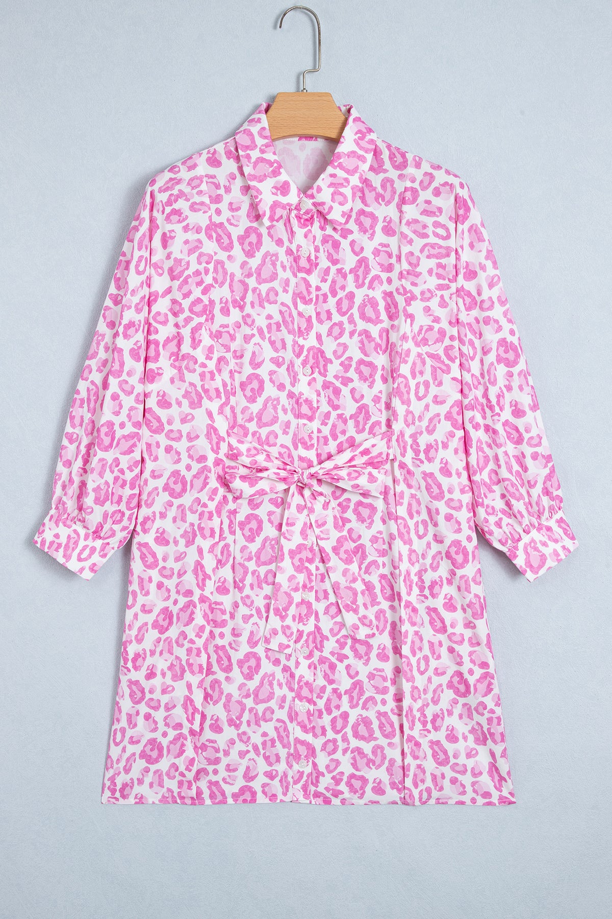 Pink Abstract Leopard Print Tie Waist Puff Sleeve Mini Shirt Dress