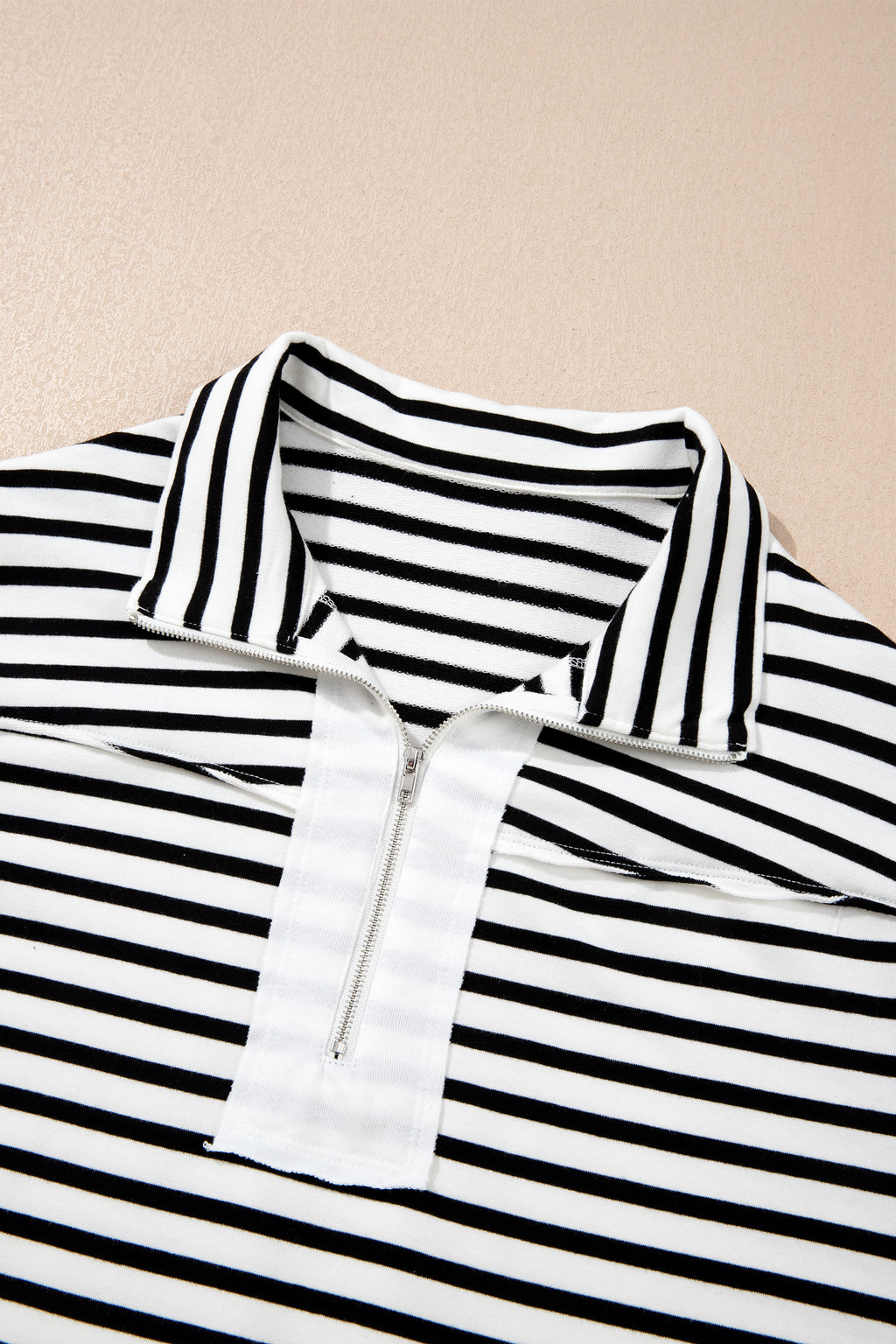 White Stripe Color Block Long Puff Sleeve Metal Zip-Up Collar Top