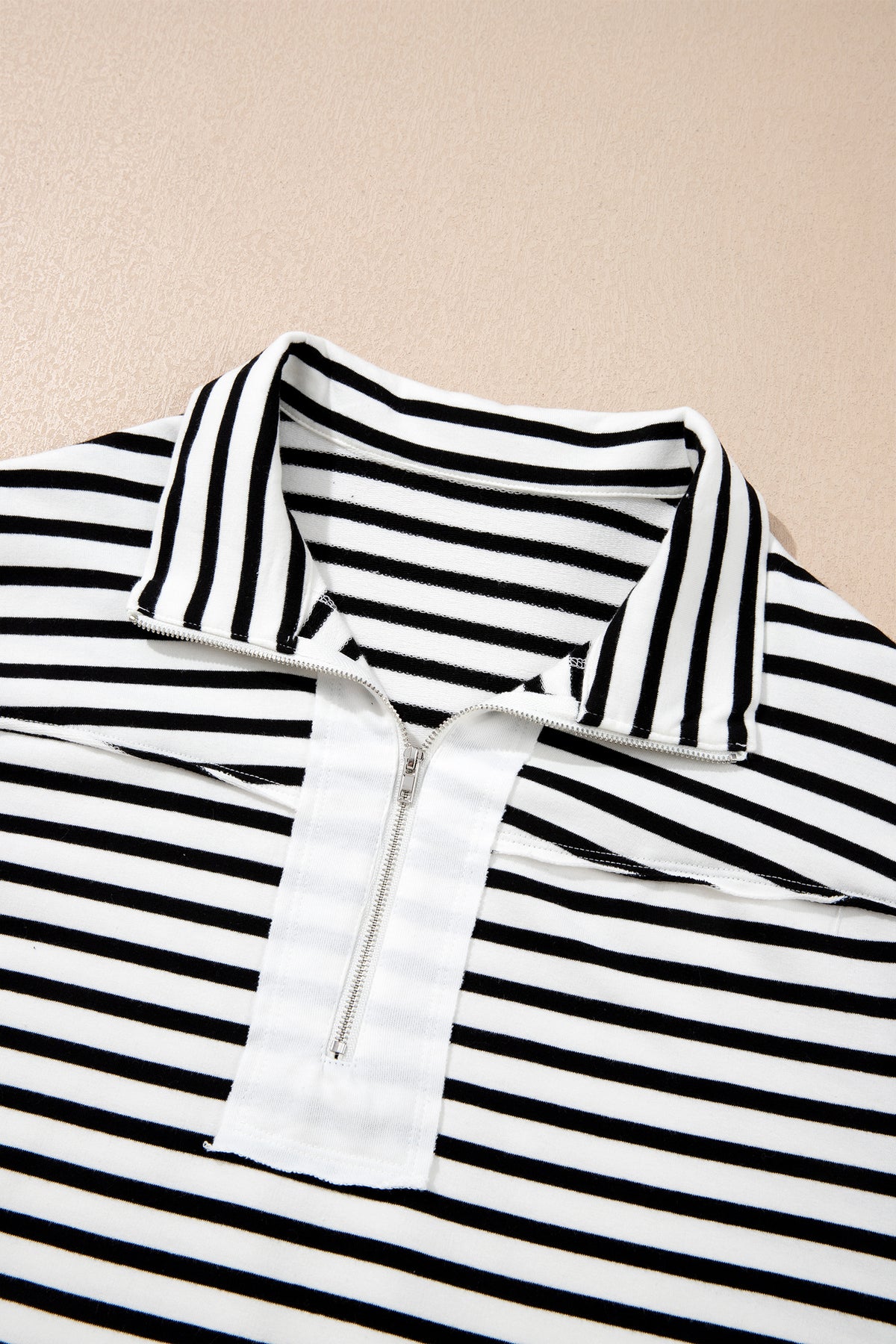 White Stripe Color Block Long Puff Sleeve Metal Zip-Up Collar Top