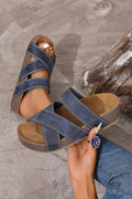 Coffee Contrast Stitch Crossed Band Retro Platform Slippers