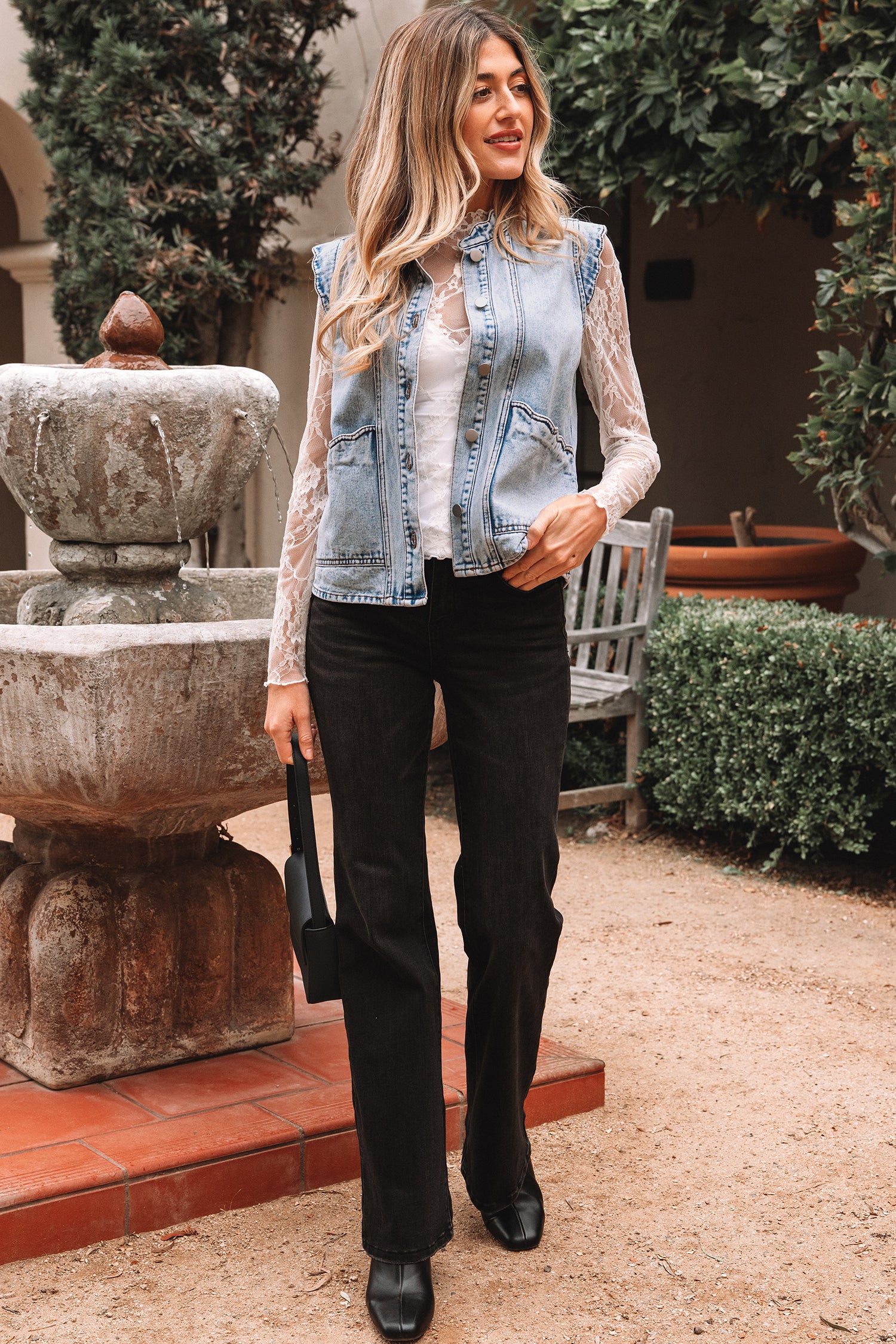 Beau Blue Scalloped Trim Patch Pocket Button Front Denim Vest