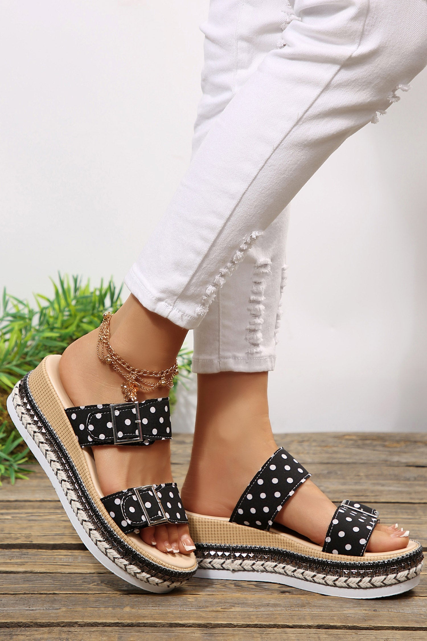 White Polka Dot Pattern Double Buckle Straps Hollow Out Platform Slippers
