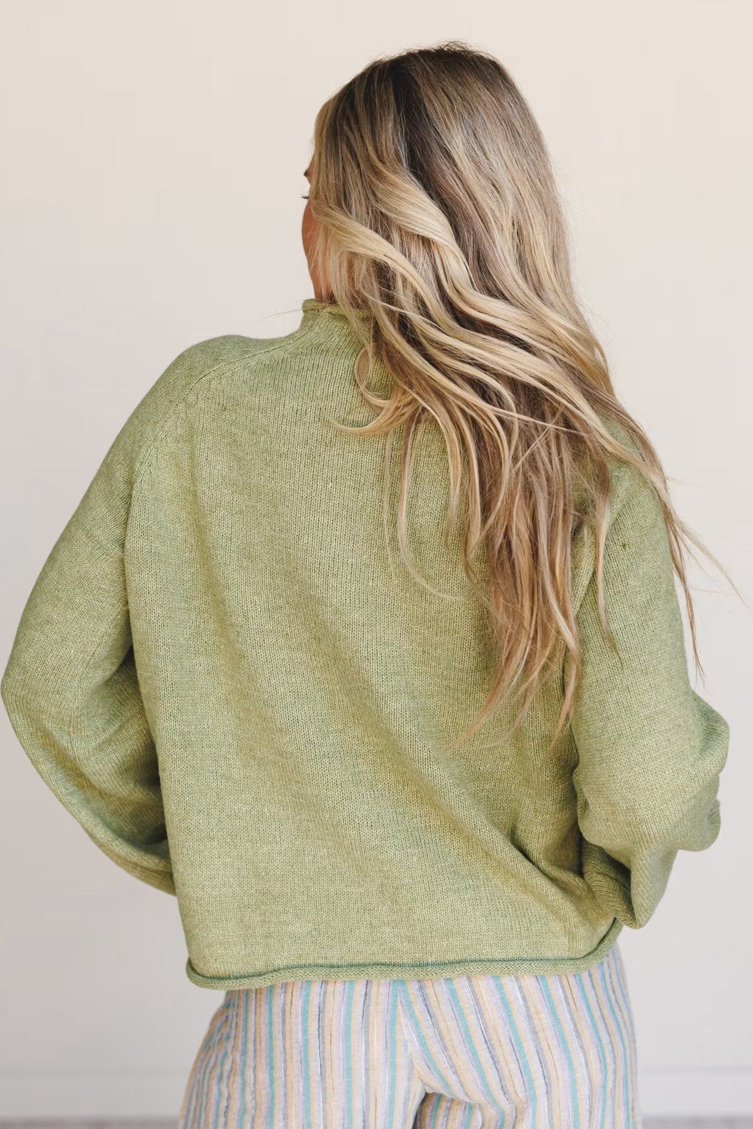 Meadow Mist Green Unique Fish Knit Oversized Round Neck Sweater