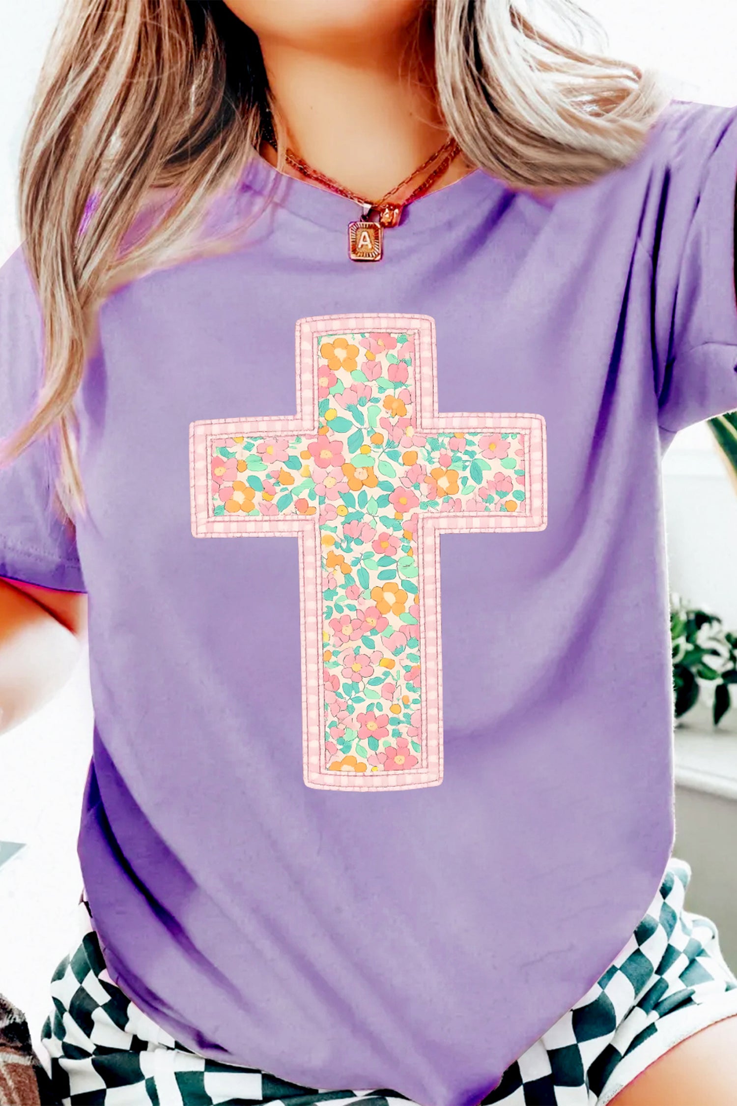 Wisteria Easter Floral Cross Christian Casual Tee
