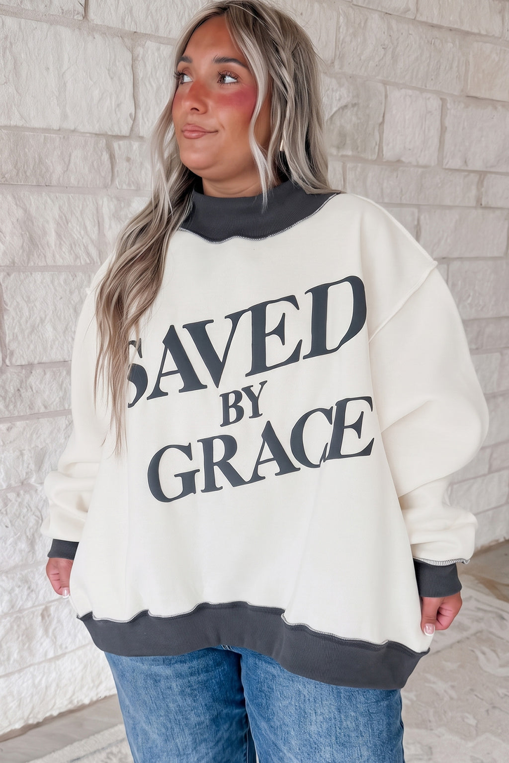 Beige SAVED BY GRACE Letter Print Color Block Mock Neck Plus Size Sweatshirt
