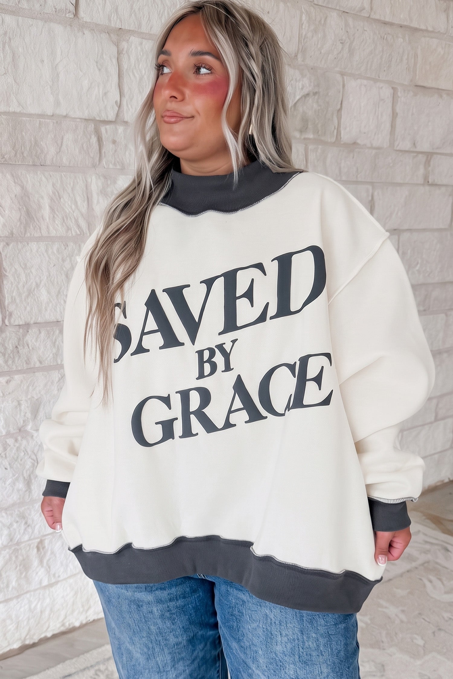Beige SAVED BY GRACE Letter Print Color Block Mock Neck Plus Size Sweatshirt