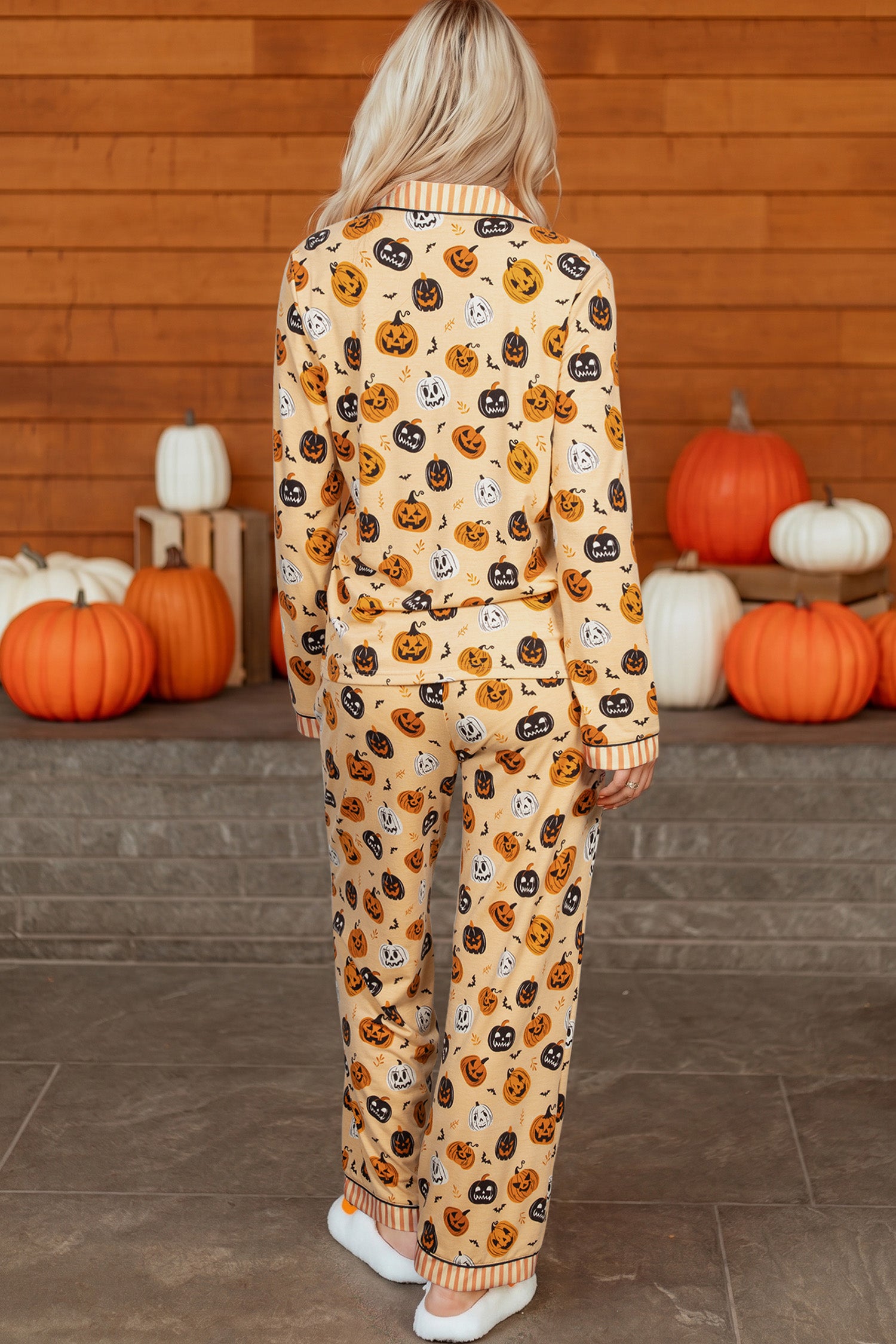 Orange Halloween Pumpkin Print Two Piece Long Sleeve Lounge Set