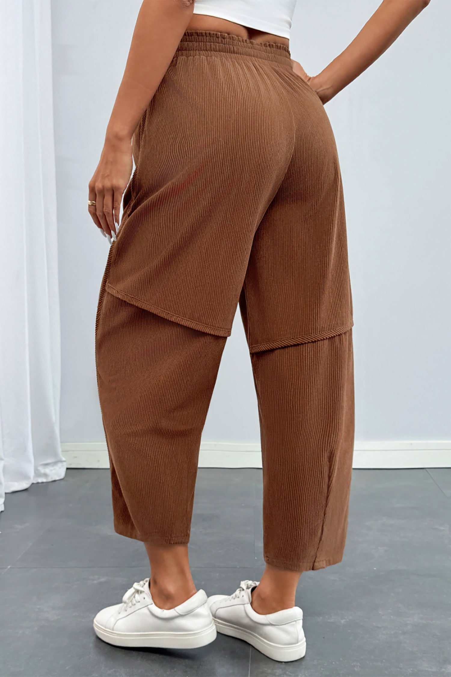Coffee Corduroy Elastic Waist Drawstring Cargo Pants