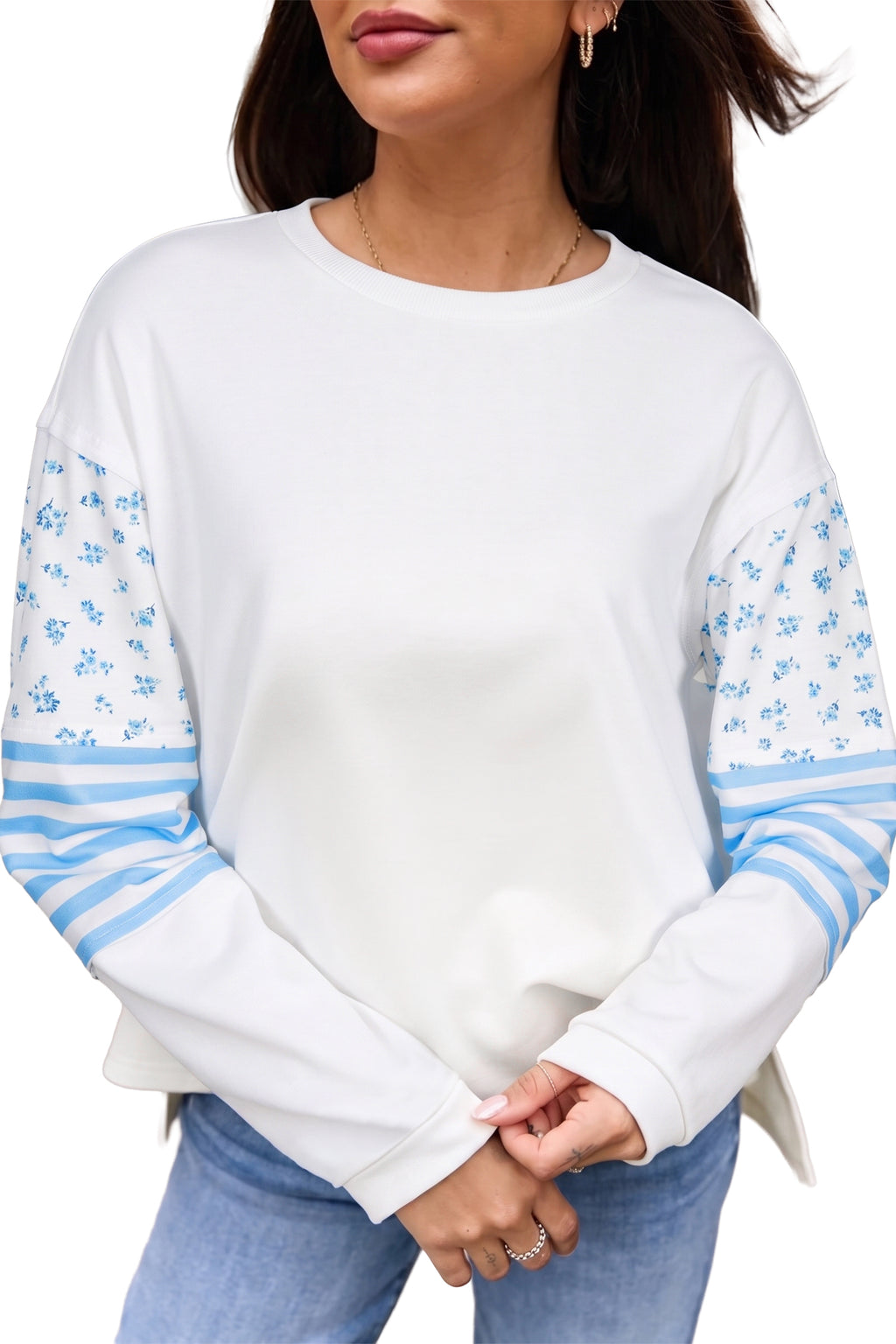 Beige Floral Striped Long Sleeve Contrasted Pullover Top