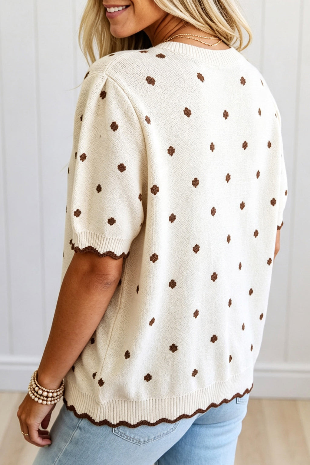 Beige Casual Polka Dot Short Sleeve Round Neck Shift Sweater