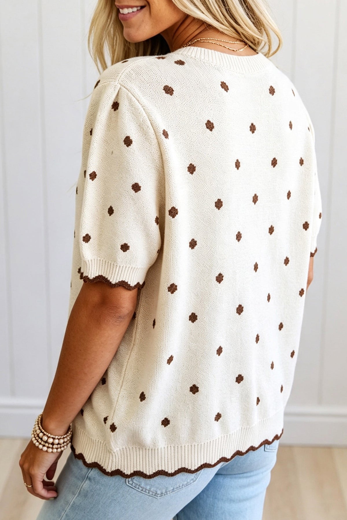 Beige Casual Polka Dot Short Sleeve Round Neck Shift Sweater