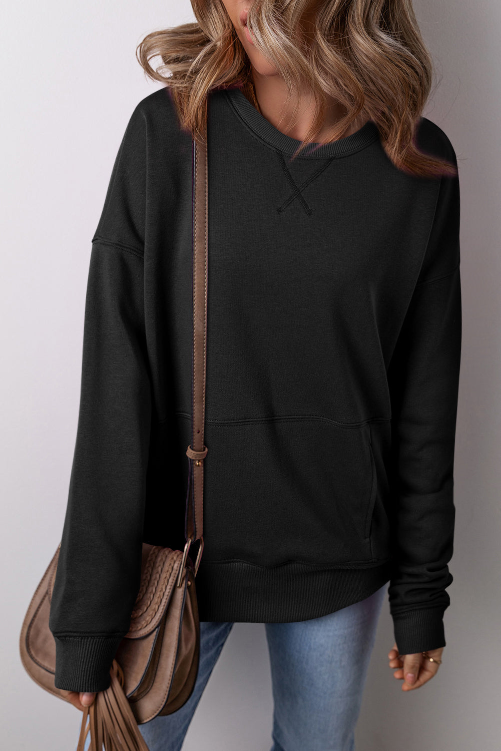 Rose Red Drop Shoulder Crisscross Stitching Pocketed Loose Sweatshirt