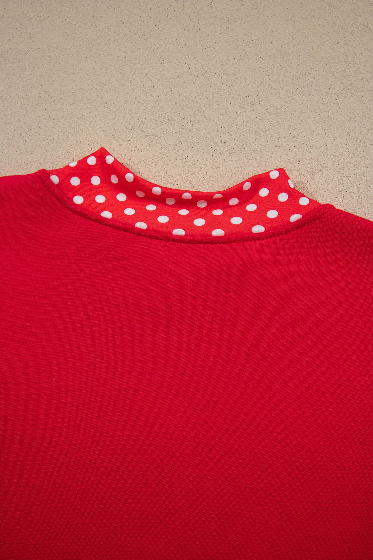 Tomato Red Polka Dot Letter Print Contrast Trim Mock Neck Sweatshirt