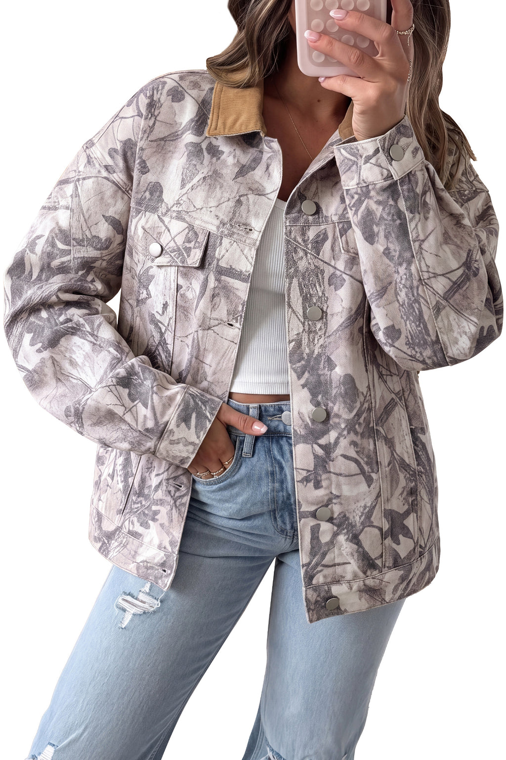 Gray Abstract Camo Print Colorblock Collar Oversized Shift Silhouette Denim Jacket