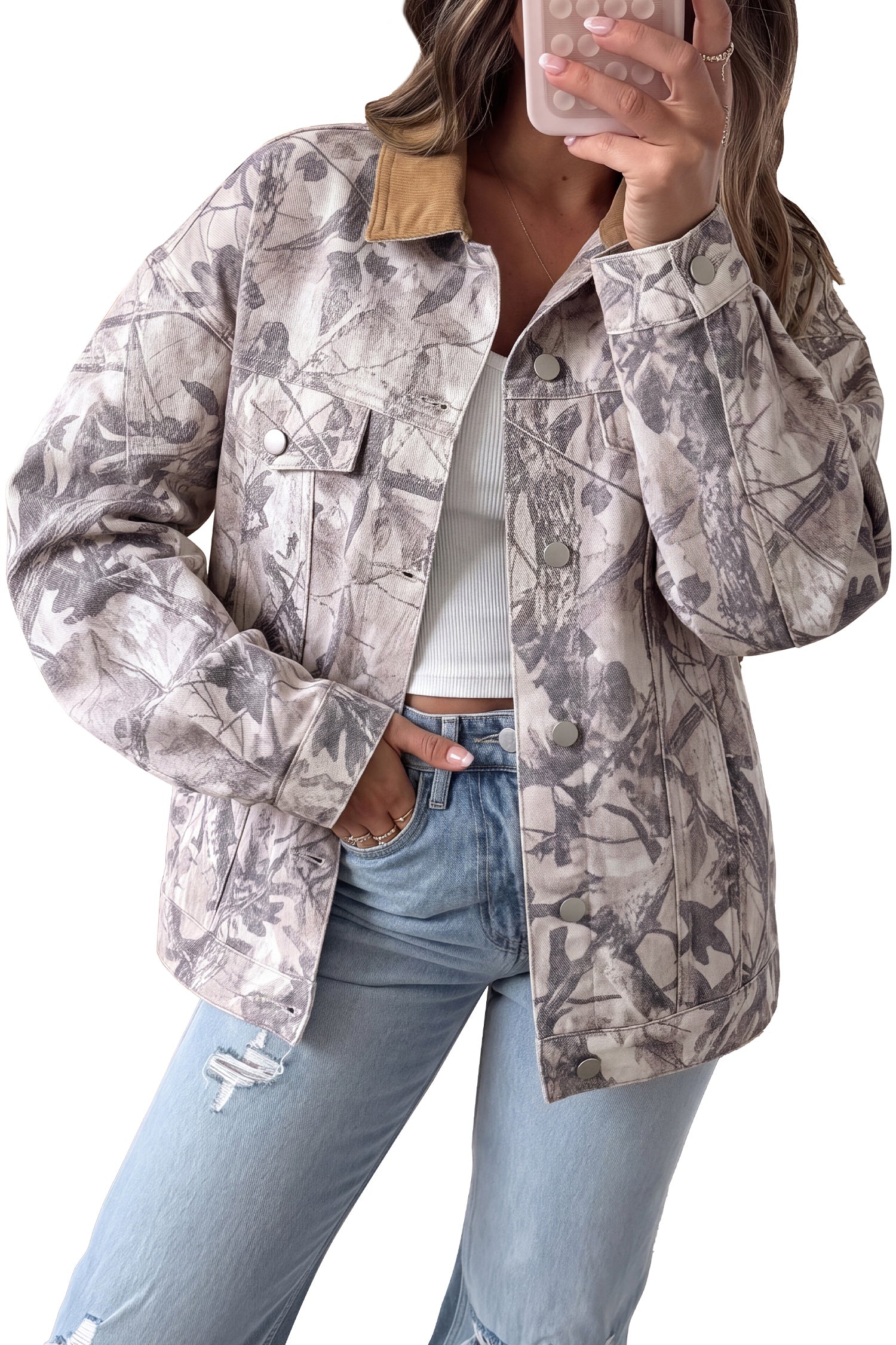 Gray Abstract Camo Print Colorblock Collar Oversized Shift Silhouette Denim Jacket