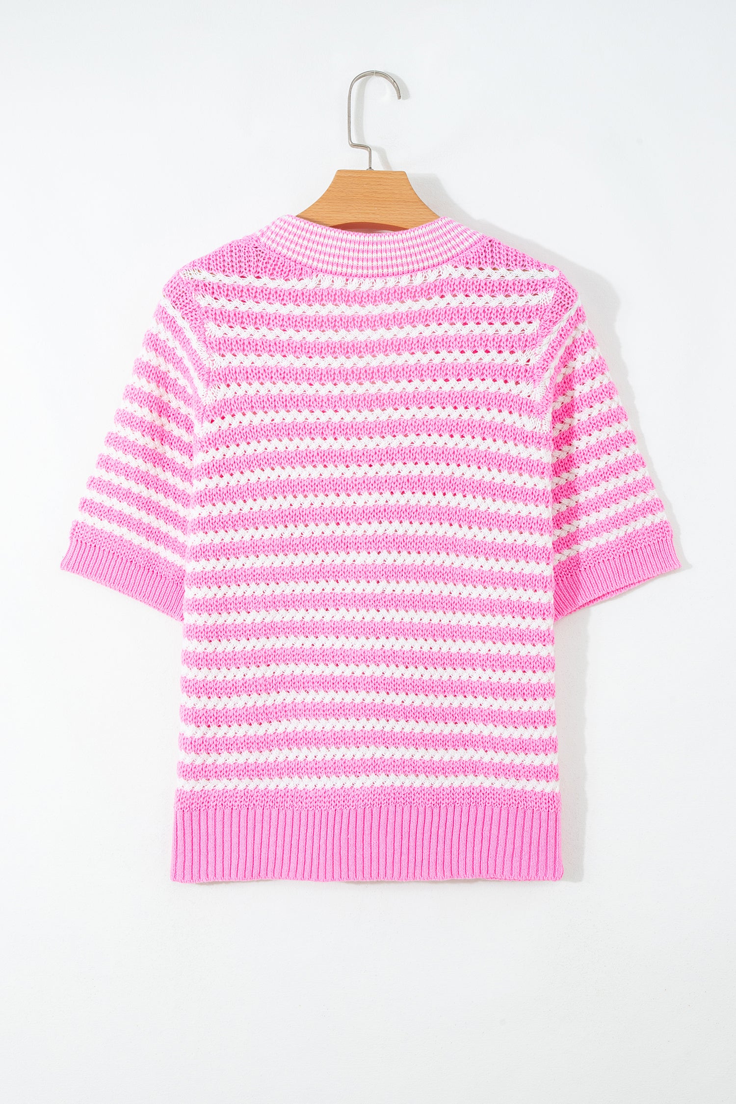 Pink Stripe Short Sleeve Knit V Neck Bow Knot Sweater