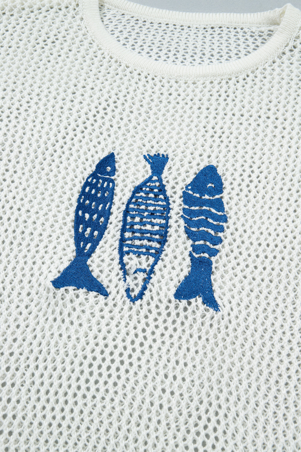 White Open Knit Fish Embroidered Casual Sweater